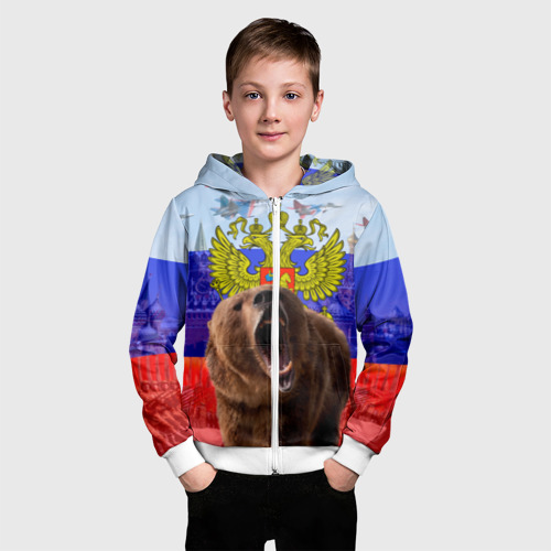 Детская толстовка 3D на молнии Русский медведь и герб, цвет белый - фото 3