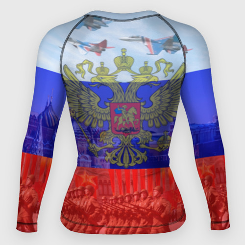 Женский рашгард 3D с принтом Русский медведь и герб, вид сзади #1