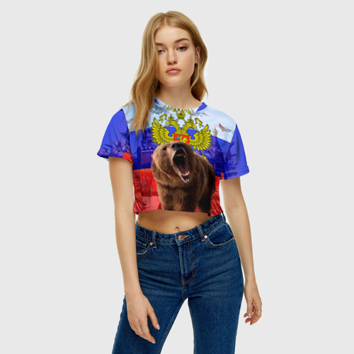 Женская футболка Crop-top 3D Русский медведь и герб, цвет 3D печать - фото 3