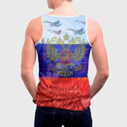 Майка с принтом Русский медведь и герб для мужчины, вид на модели сзади №2. Цвет основы: белый