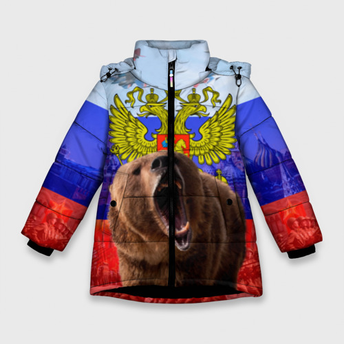 Зимняя куртка для девочек 3D Русский медведь и герб, цвет черный