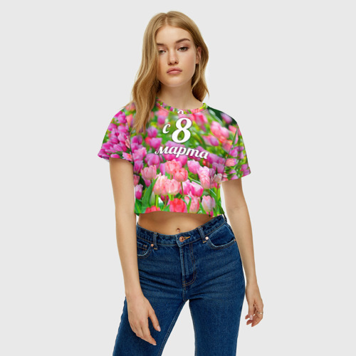 Женская футболка Crop-top 3D С 8 марта!, цвет 3D печать - фото 3