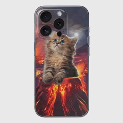 Чехол для iPhone 16 Pro Max силиконовый с защитой камеры Кот на вулкане