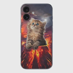 Чехол для iPhone 16 силиконовый с защитой камеры Кот на вулкане