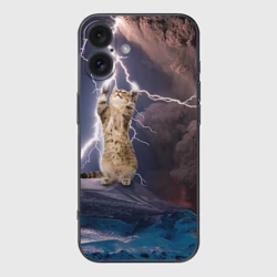 Чехол для iPhone 16 силиконовый с защитой камеры Кот и молния