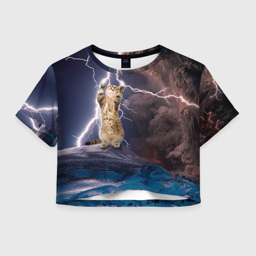 Женская футболка Crop-top 3D Кот и молния Фото 01 Женская футболка Crop-top 3D Кот и молния Фото 01