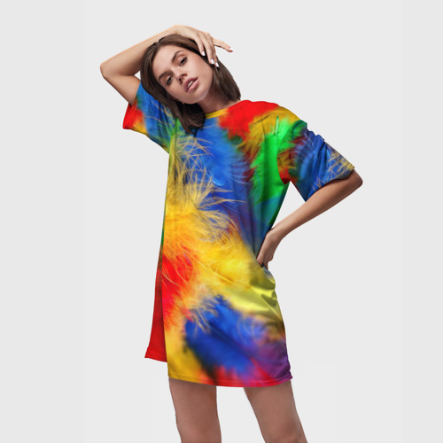 Платье-футболка 3D Цветные перья, цвет 3D печать - фото 3