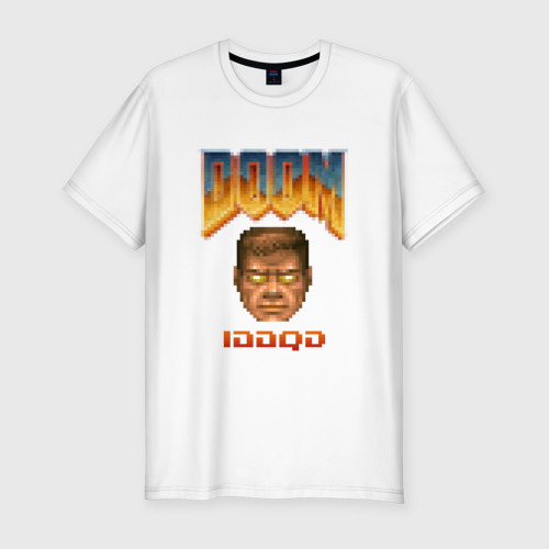 Мужская приталенная футболка из хлопка с принтом Iddqd пиксель-арт, вид спереди №1