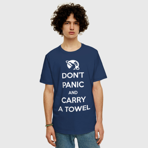 Мужская футболка хлопок Oversize Dont panic, цвет темно-синий - фото 3