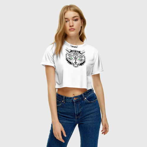Женская футболка Crop-top 3D Татуировка волка, цвет 3D печать - фото 3