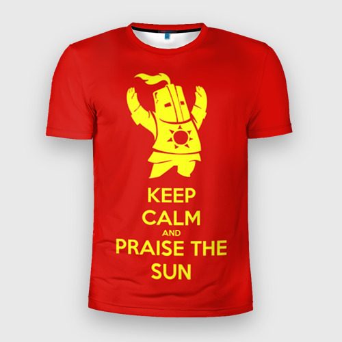 Мужская приталенная футболка с принтом Keep calm and praise the sun, вид спереди №1