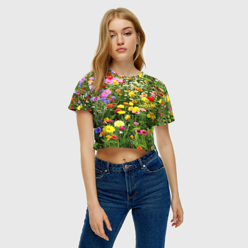 Женская футболка Crop-top 3D Полевые цветы луговые , цвет 3D печать - фото 3