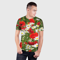 Мужская футболка 3D Slim Полевые цветы  маки и ромашки - фото 2