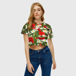 Женская футболка Crop-top 3D Полевые цветы  маки и ромашки - фото 2