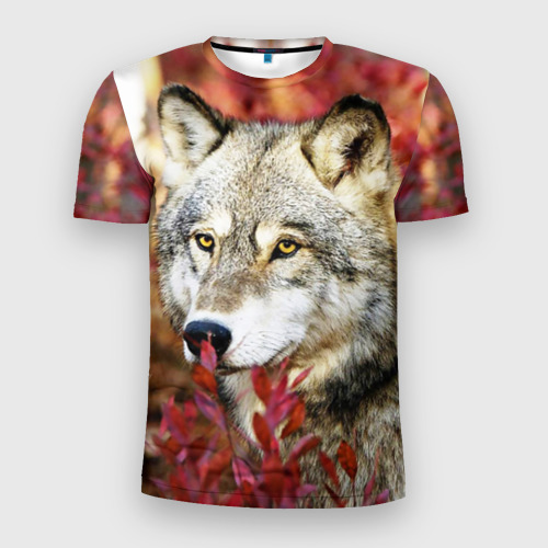 Мужская футболка 3D Slim Волк осенний лес, цвет 3D печать