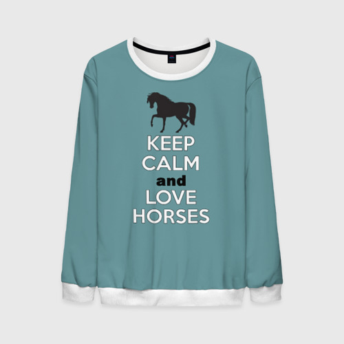 Мужской свитшот 3D Keep calm and horses, цвет белый