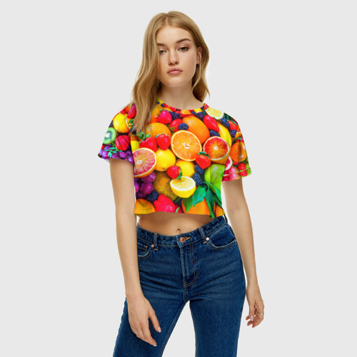 Женская футболка Crop-top 3D Ягоды и фрукты, цвет 3D печать - фото 3