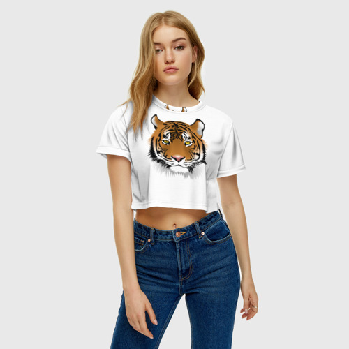 Женская футболка Crop-top 3D Морда тигра, цвет 3D печать - фото 3