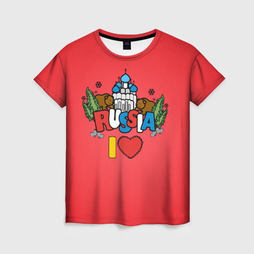 Женская футболка с принтом Я люблю Россию надпись на английском языке, вид спереди №1