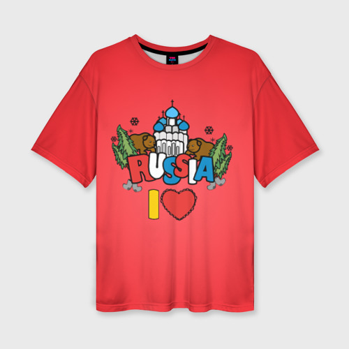 Женская футболка оверсайз с принтом Я люблю Россию надпись на английском языке, вид спереди №1