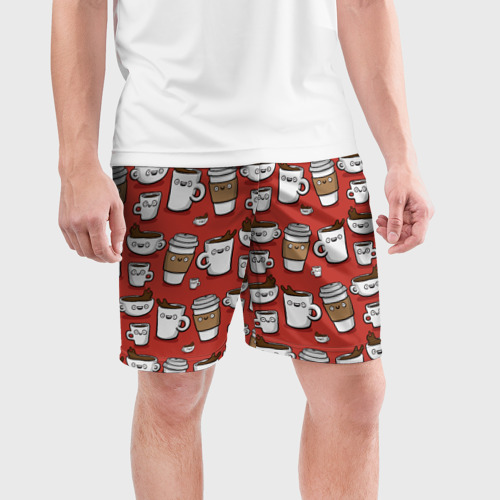 Мужские шорты спортивные Веселые чашки кофе, цвет 3D печать - фото 3