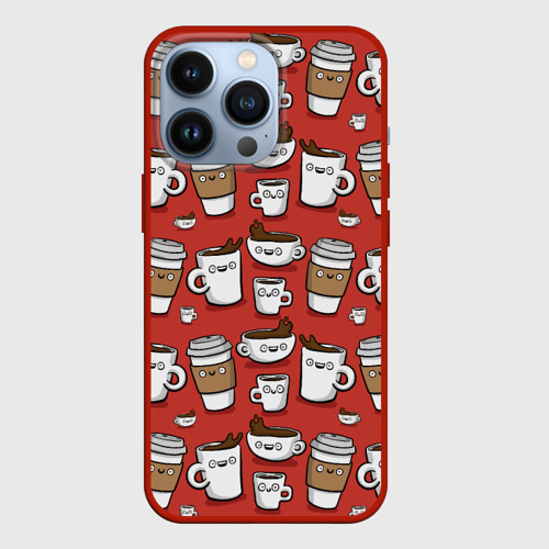 Чехол для iPhone 13 Pro Веселые чашки кофе, цвет красный