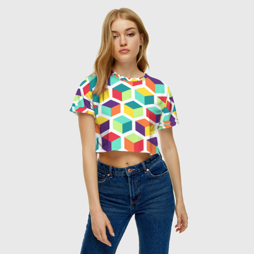Женская футболка Crop-top 3D Кубы, цвет 3D печать - фото 4
