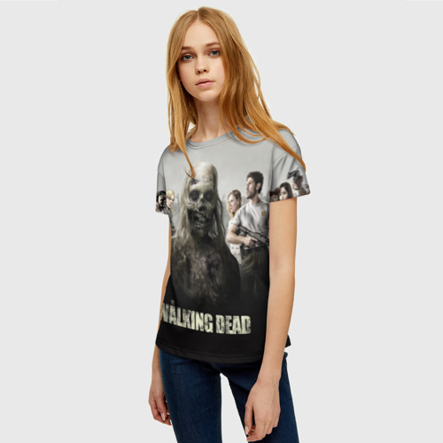 Женская футболка 3D с принтом Ходячий мертвец на фоне героев, фото на моделе #1