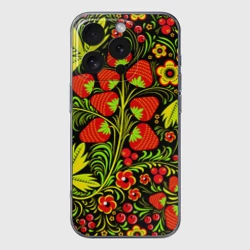 Чехол для iPhone 16 Pro Max силиконовый с защитой камеры Роспись Хохлома с клубникой-земляникой