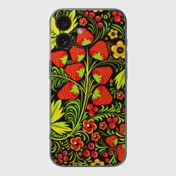 Чехол для iPhone 16 силиконовый с защитой камеры Роспись Хохлома с клубникой-земляникой