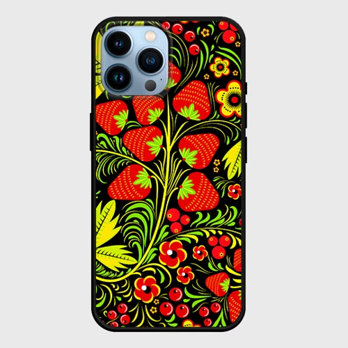 Чехол для iPhone 14 Pro Max Роспись Хохлома с клубникой-земляникой