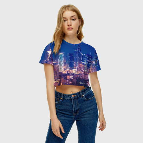 Женская футболка Crop-top 3D Ночная Москва, цвет 3D печать - фото 3