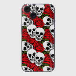 Чехол для iPhone 15 силиконовый с защитой камеры Черепа в розах