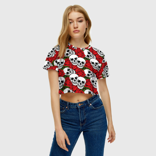 Женская футболка Crop-top 3D Черепа в розах, цвет 3D печать - фото 3