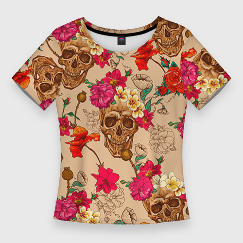 Женская футболка 3D Slim Черепа в цветах, цвет 3D печать