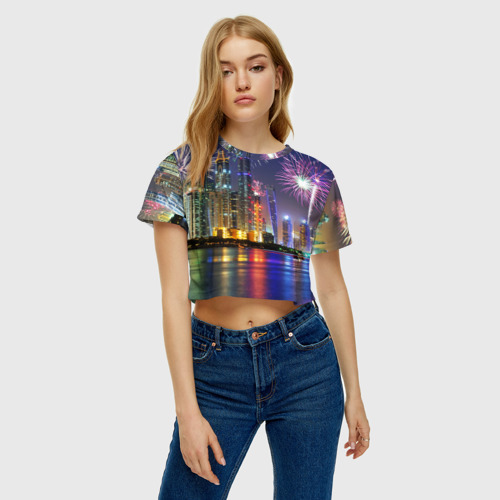 Женская футболка Crop-top 3D Салют в Дубае, цвет 3D печать - фото 3