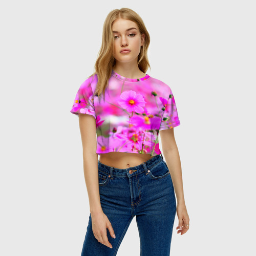 Женская футболка Crop-top 3D Цветы, цвет 3D печать - фото 3