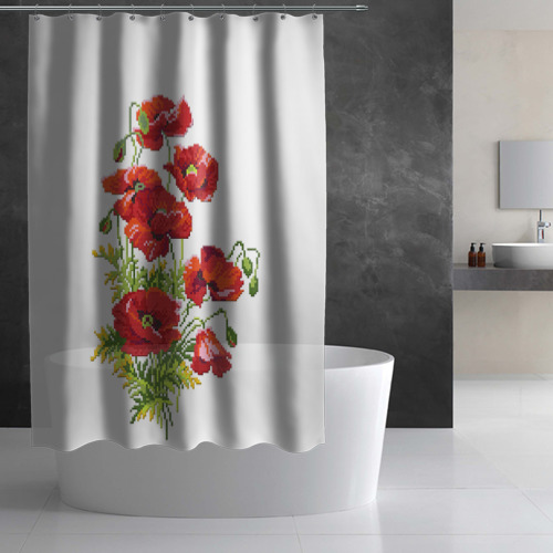 Штора 3D для ванной Вышиванка  маки на белом - фото 2