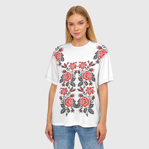 Женская футболка oversize 3D Вышиванка - красные розы, цвет 3D печать - фото 3
