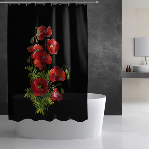 Штора 3D для ванной Вышиванка красные маки - фото 3