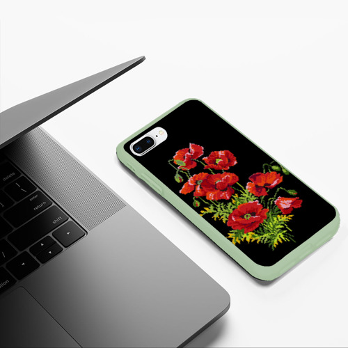 Чехол для iPhone 7Plus/8 Plus матовый Вышиванка красные маки, цвет салатовый - фото 5