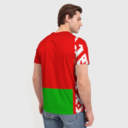 Футболка с принтом Беларусь  флаг и герб для женщины, вид на модели сзади №2. Цвет основы: белый