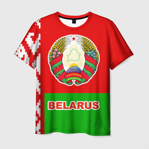 Мужская футболка с принтом Беларусь  флаг и герб, вид спереди №1