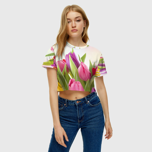 Женская футболка Crop-top 3D Тюльпаны, цвет 3D печать - фото 4