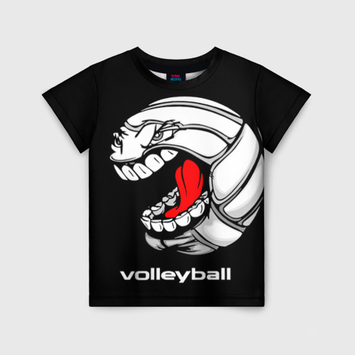 Детская футболка 3D с принтом Волейбольный мяч  злой и зубастый, вид спереди #2