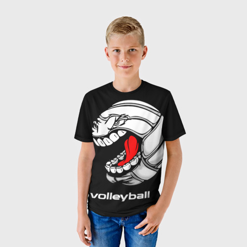Детская футболка 3D с принтом Волейбольный мяч  злой и зубастый, фото на моделе #1