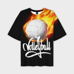 Мужская футболка oversize 3D Волейбольный мяч летит в огне