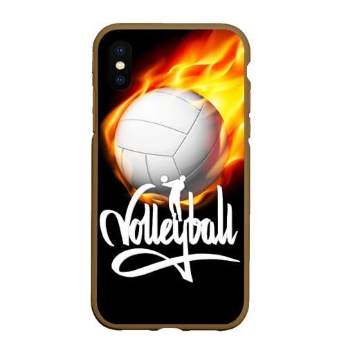 Чехол для iPhone XS Max матовый Волейбольный мяч летит в огне, цвет коричневый