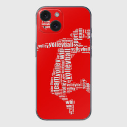 Чехол для iPhone 15 силиконовый с защитой камеры Волейболист в прыжке - текстовый силуэт