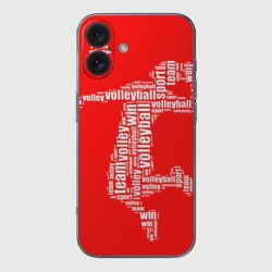 Чехол для iPhone 16 силиконовый с защитой камеры Волейболист в прыжке - текстовый силуэт